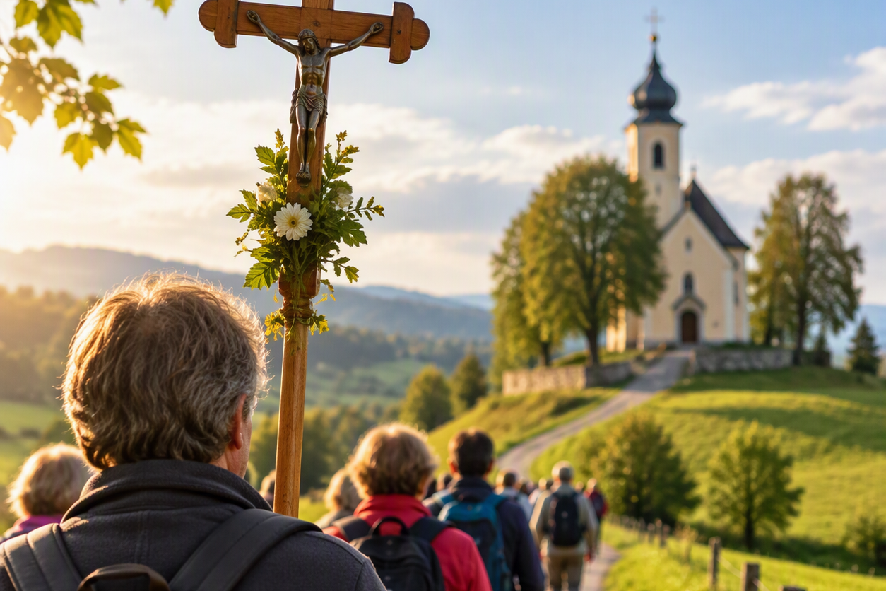 Eine Wallfahrtsgruppe zieht bei Sonnenschein auf eine Kapelle zu.